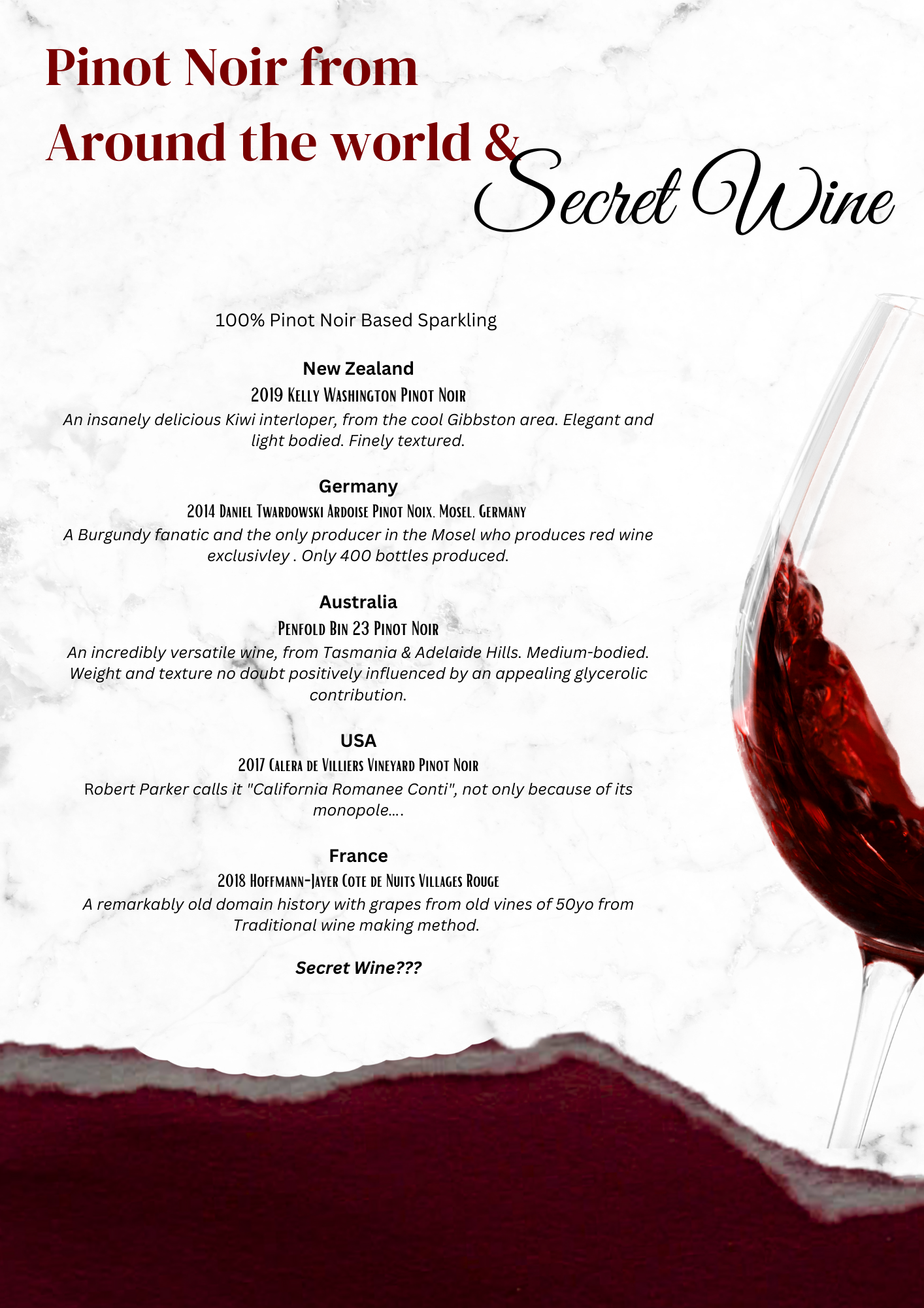 Pinot Noir around the world & Secret Wine Wine Tasting Event 15 Nov 2023